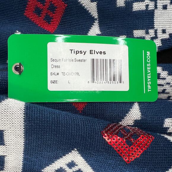 TIPSY ELVES Blue Red White Sweater Dress Knit Sequin Fair Isle Size Large L NEW - Picture 11 of 12